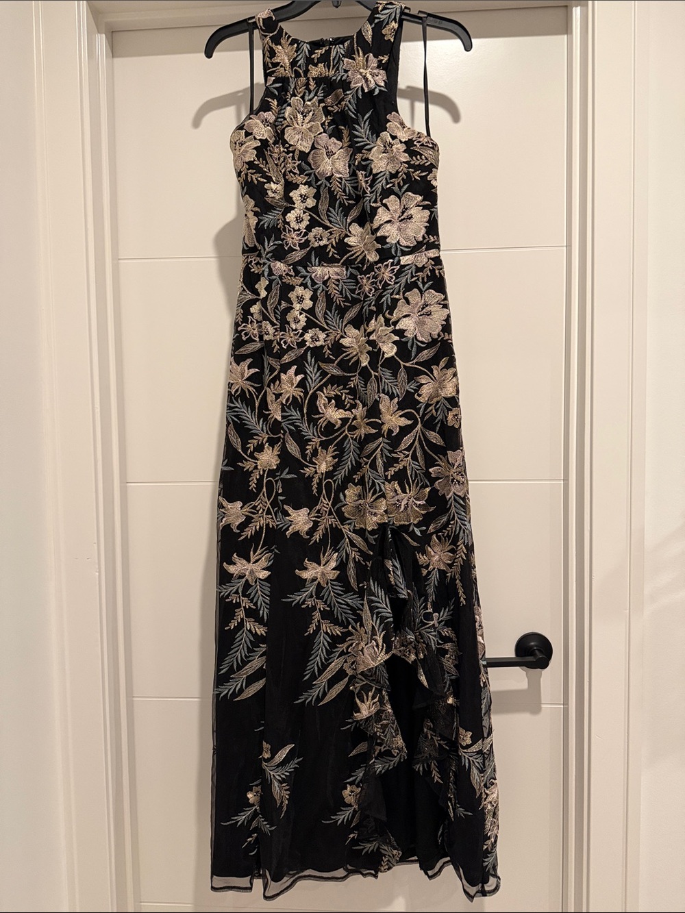 Black Maxi Dress with Beige Floral Embroidery